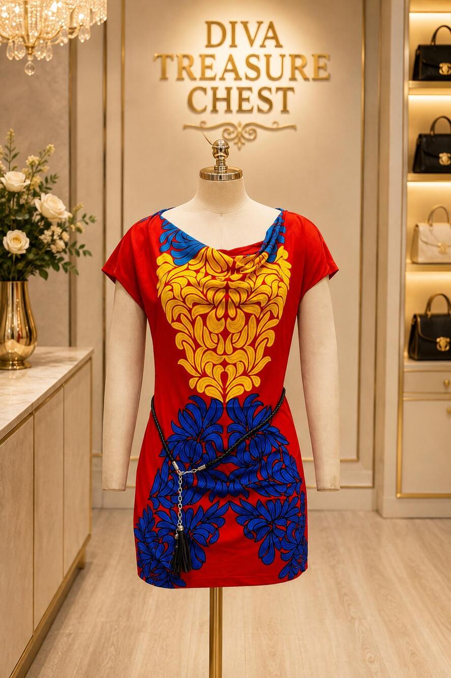 NEW PARIS PARIS women's belted cowl neck tunic top in red multi